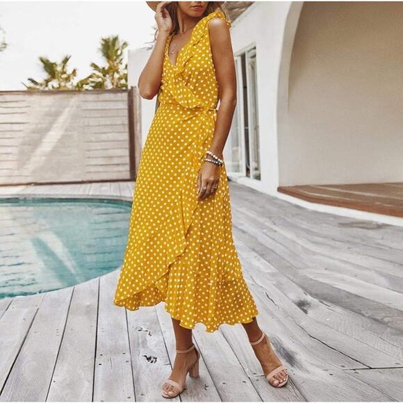 Yellow Polka Dot Ruffle Wrap Midi Dress Size Medium Sleeveless Summer Size Med - Picture 6 of 8